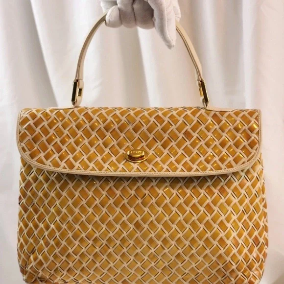 Bally Hand Bag Top Handle Braided Leather Purse Turn Lock Cream and Yellow - Picture 3 of 14